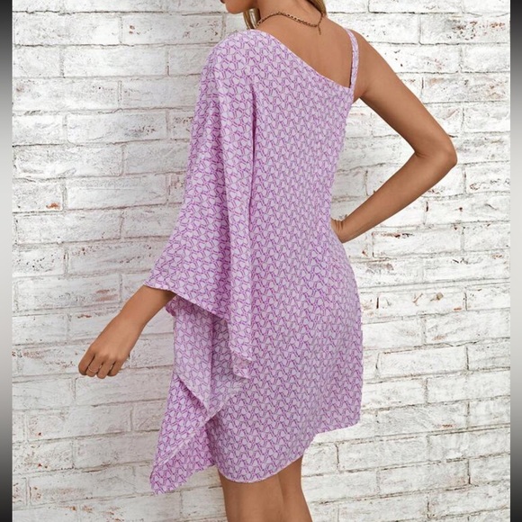 Boho chain strap  one shoulder batwing sleeve  mini dress - Picture 3 of 5